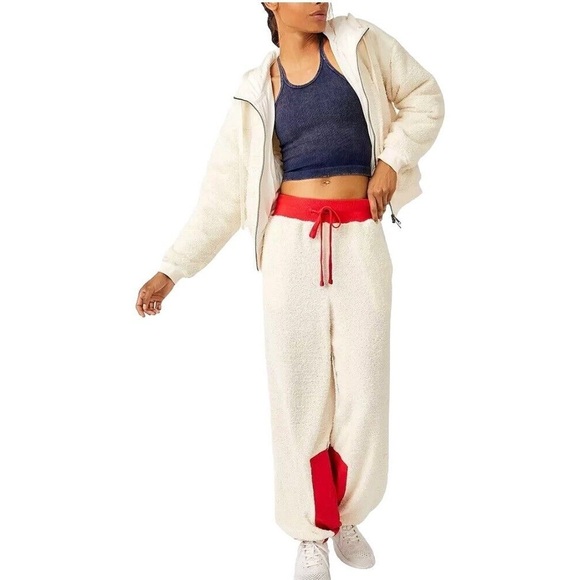 FP Movement By Free People Cuddle Up Fleece Tie Waist Pants In Ivory - Picture 1 of 12